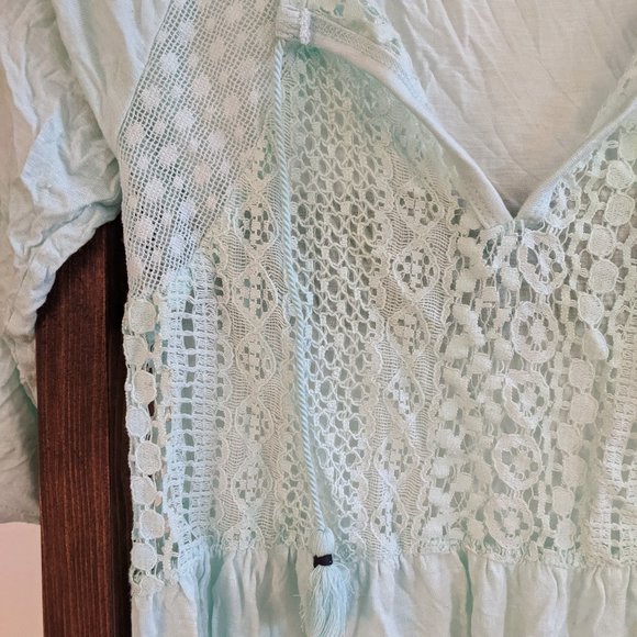 Hollister Lace Light Turquoise Top with Tassels and 3/4 Length Sleeves - Picture 2 of 7